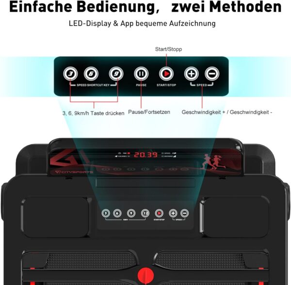 CITYSPORTS Elektrisches Laufband, klappbar, bis zu 12 km/h, mit LED-Display, App-Steuerung und 360° Tablet-Halter, kompakte Walking-Matte für Zuhause und Büro (Neuwertig)