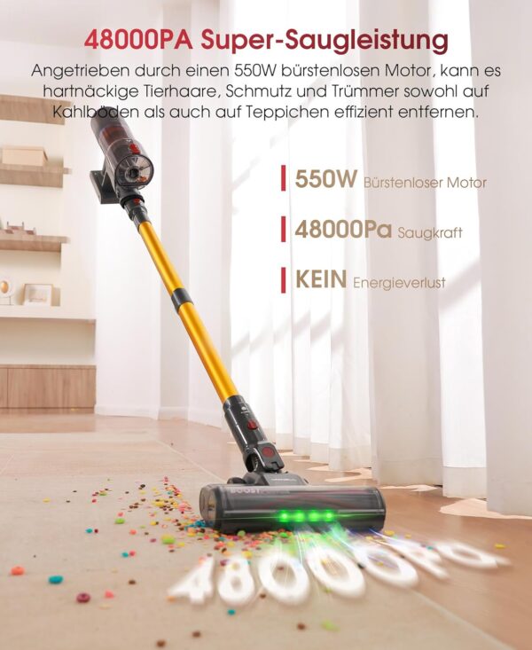 Grenintal HOME Akku-Staubsauger, 48000Pa/550W/65 Min. kabelloser Staubsauger mit Selbststehfunktion, 1,6L Akku-Staubsauger mit verhedderungsfreier Bürste, LED-Touchscreen, sehr leise für Hartböden (Neuwertig)